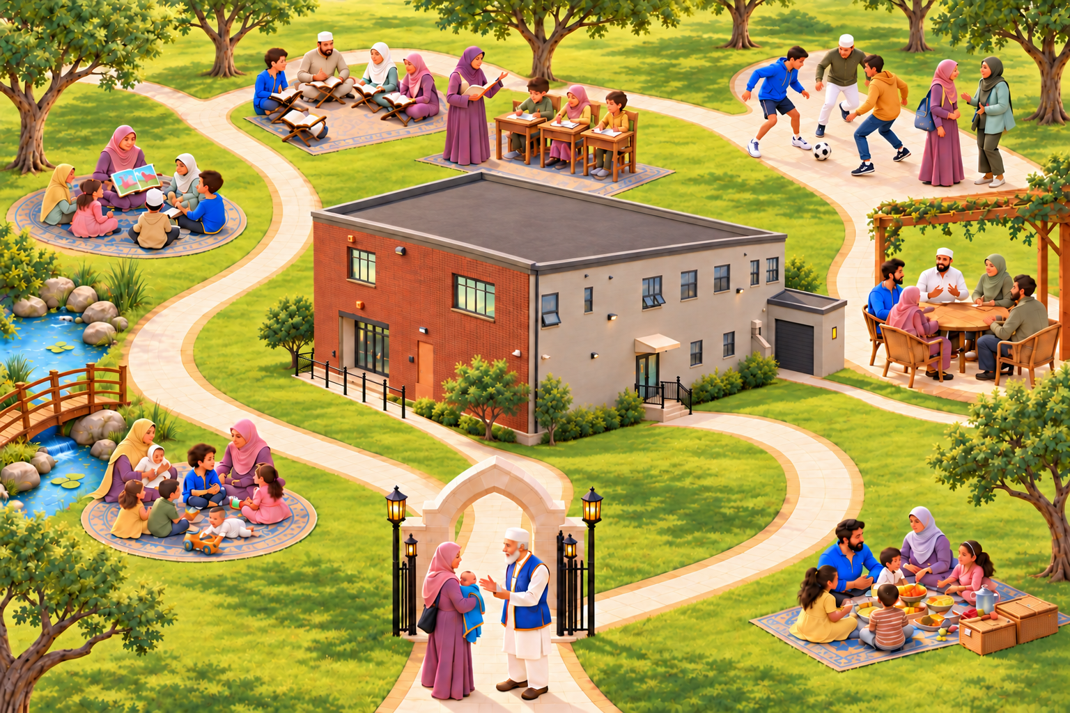 Parents and young children learning and playing together on a garden rug.